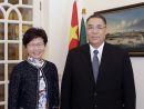 マカオ迎賓館で会談したキャリー・ラム(林鄭月娥)香港特別行政区行政長官(左)とフェルナンド・チュイ(崔世安)マカオ特別行政区行政長官=8月18日(写真:GCS)