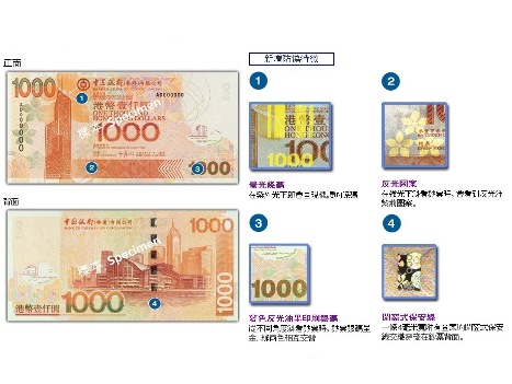 中國銀行（香港）発行の1000香港ドル紙幣見本（香港金融管理局ウェブサイトより）
