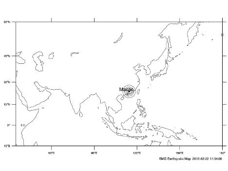 2月22日12時34分に観測された地震 (c) SMG 地球物理暨氣象局