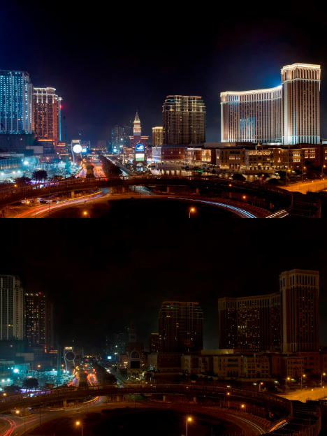 大型IR施設が建ち並ぶコタイ地区の消灯前（上）と消灯後（下）の比較（写真：Sands China Ltd.）