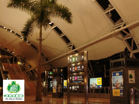 香港地下鉄欣澳駅のホーム。椰子の木の右側に公衆電話が見える（資料）—本紙撮影
