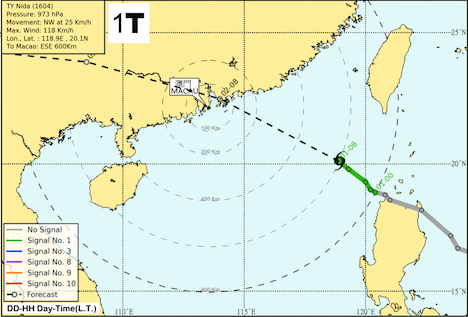 マカオ時間8月1日午前8時現在の台風4号の位置と予想進路（図版：SMG）