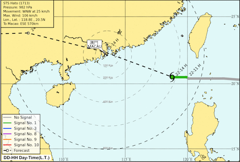 8月22日午後2時（現地時間）時点の台風13号の位置と予想進路（図版：マカオ地球物理気象局）