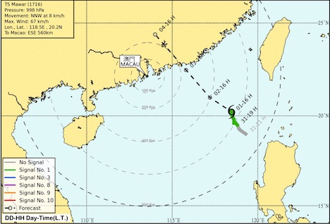 9月1日午後4時（現地時間）時点の台風16号（マーワー）の位置と予想進路（図版：SMG）