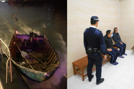 左：マカオ税関が押収した木製のモーターボート、右：税関が身柄を確保した密航者の男（写真：澳門海關）