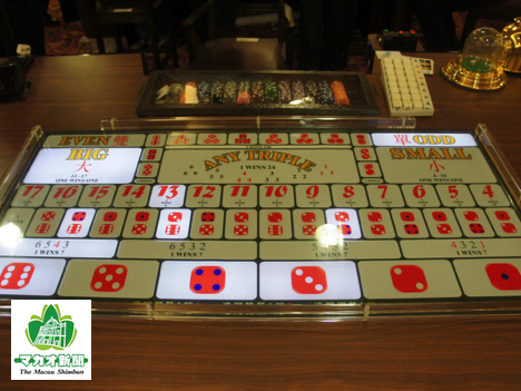 シックボー（大小）のゲーミングテーブルのイメージ（資料）＝マカオ理工学院ゲーミングティーチング＆リサーチセンターの模擬カジノ施設にて本紙撮影