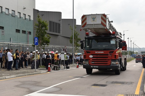 コタイ地区にあるマカオLRTタイパ線の車両基地で実施された消防訓練の様子＝2019年10月15日（写真：マカオ消防局）